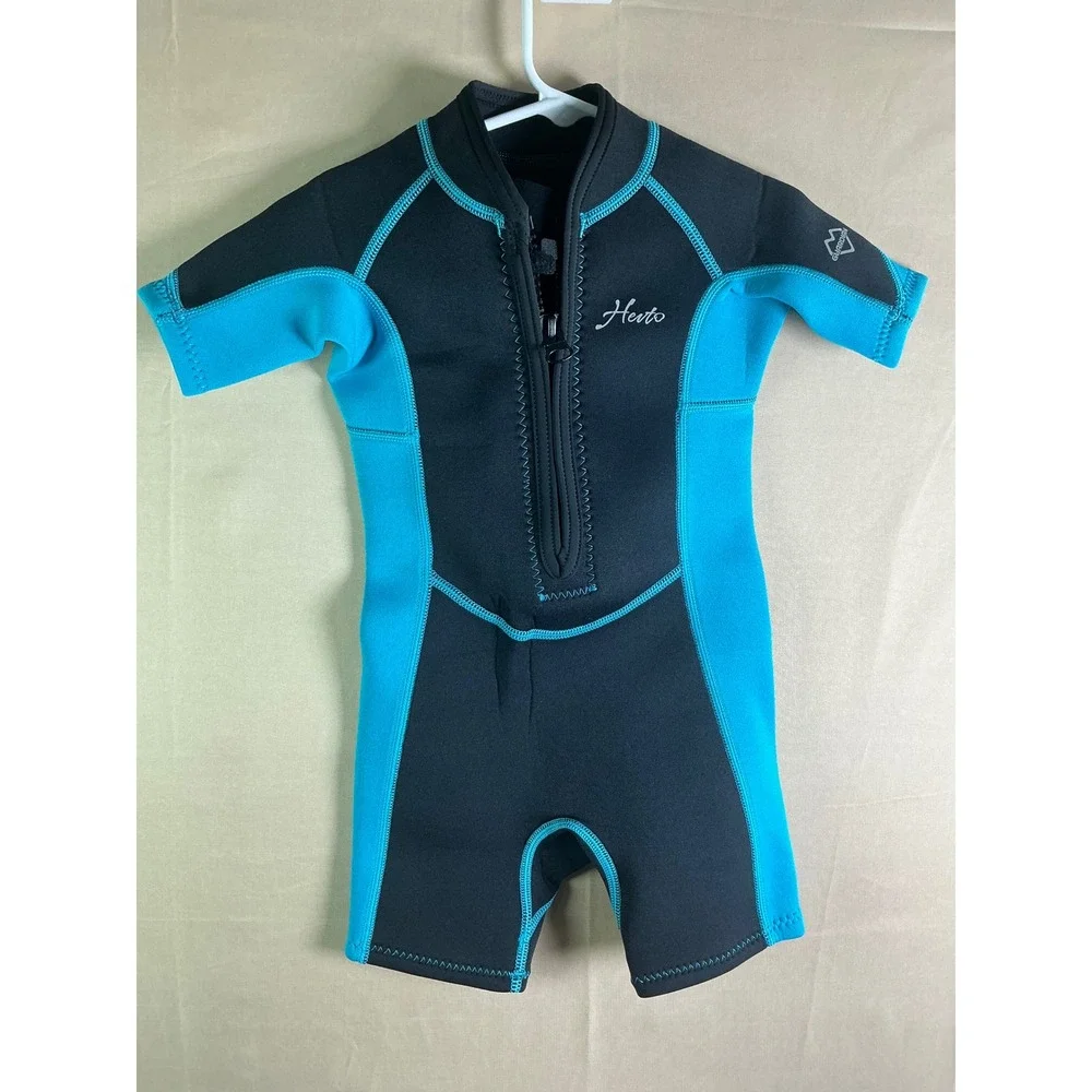 Hevto Kids Shorty Wetsuit Black‎ Blue 2mm Neoprene Front Zip Swim Suit Size 3